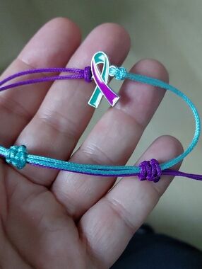 Source Unknown Teal and Purple Ribbon Charm Adjustable Bracelet